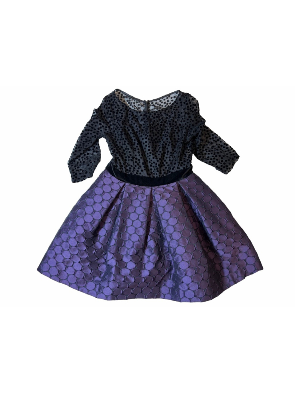 Taylor Black Polka Dot Mesh Bodice Purple Jacquard Fit Flare Party Dress